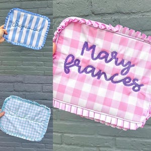Nylon Monogrammed Seersucker Cosmetic Bag, Gingham and Striped Toiletry Bag, Personalized Nylon Cosmetic Bag