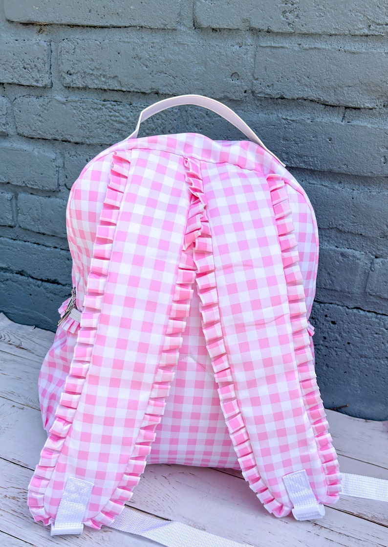 Monogrammed Gingham Nylon Backpack in Pink or Blue, Personalized Diaper Bag, School Bag for Kids image 7