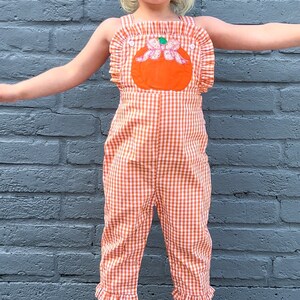 May include: A young girl wearing a sleeveless orange and white gingham jumpsuit with a pumpkin applique. The jumpsuit has ruffles around the neckline and the bottom of the legs.