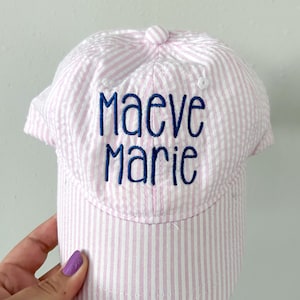 Monogrammed Seersucker Hat for Kids, Children&#39;s Seersucker Baseball Hat, Personalized Toddler Hat for Boys or Girls