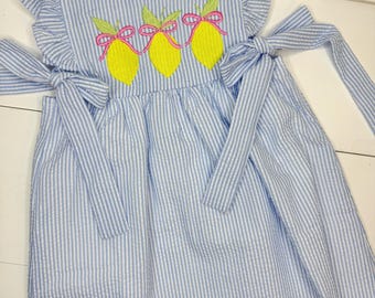 Lemon Trio Seersucker Dress, Baby or Toddler Girl Spring Dress, Matching Sister Outfit, Lemons and Bows Summer Outfit