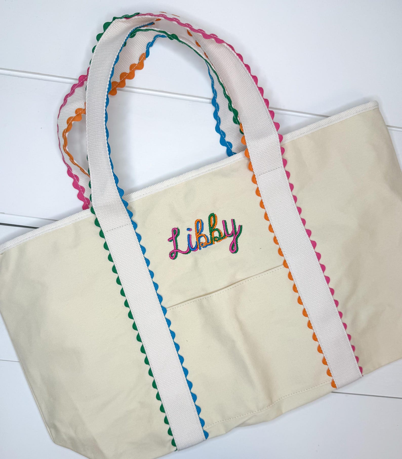 Rainbow Ric Rac Canvas Beach Bag, Monogrammed Beach Bag, Personalized ...