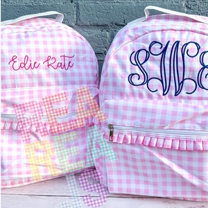 Monogrammed Gingham Nylon Backpack in Pink or Blue, Personalized Diaper Bag, School Bag for Kids image 6