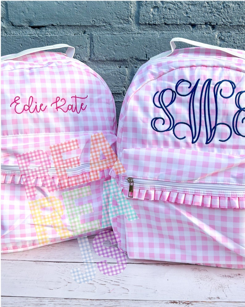 Monogrammed Gingham Nylon Backpack in Pink or Blue, Personalized Diaper Bag, School Bag for Kids image 6