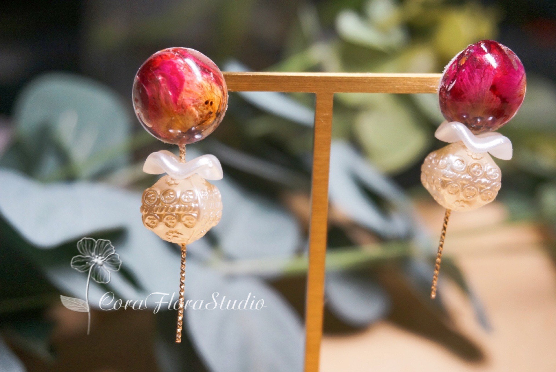 Dangle statement earrings resin dried Rose bud earrings Etsy