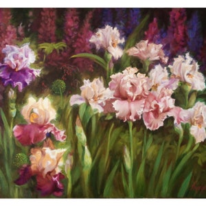 Póster de papel mate mejorado (en). Reproducción de pintura al óleo. Flores de iris en el jardín.
