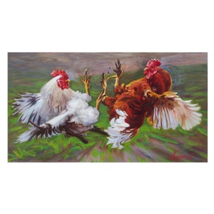 Póster de papel mate mejorado. Reproducción de pintura al óleo. Patio de aves de corral. Patio de aves de corral. Pelea de gallos.
