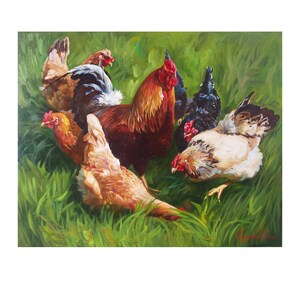 Póster de papel mate mejorado. Reproducción de pintura al óleo. Patio de aves de corral. Hermoso gallo con gallinas
