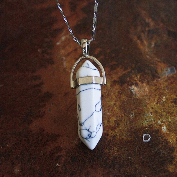 Raw White Howlite Crystal Point Pendant, Marble Stone Crystal Necklace Pendant, Natural Creativity Healing Calming Crystal Pendant Necklace