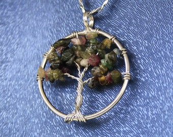 Tree of Life Stone Pendant, Family Tree Necklace Charm Gift, Natural Tree of Life With Stone, Tourmaline Gem Rainbow Colorful Tree Necklace