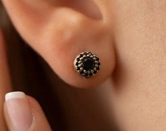 Tiny Gold Round Dot Black Zircon Stone Stud Earrings, Dainty Black Minimalist Studs Jewelry, Simple Gold Plated Black Earring, 925 Silver