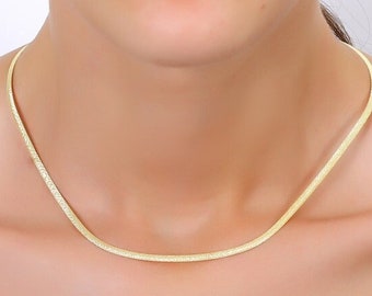 Flat Snake Chain Choker, Shiny Gold Snake Chain, Herringbone 925 Silver Necklace, 18k Gold Layering Choker, Choker Necklace Gift For Mom