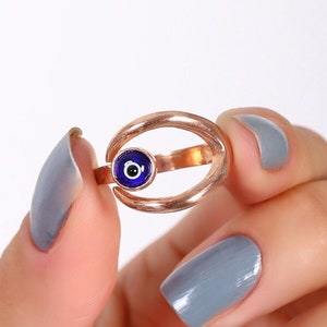 Blue Evil Eye Adjustable Rose Gold Ring, Silver Evil Eye Open Ring, Dainty Minimalist Blue Eye, Handmade Protection Silver Good Luck Jewelry