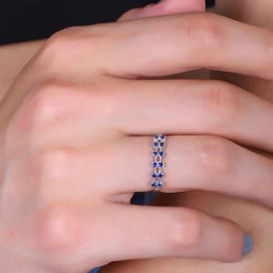 Blue Sapphire Stone Crown Ring, September Birthstone Adjustable Silver Ring, Dainty Sterling Silver Gemstone Saphire Open Rings Women Gift
