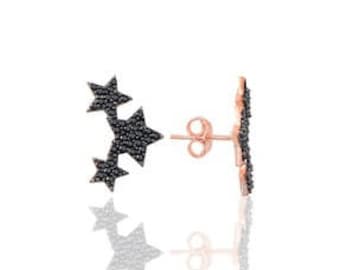 Black Stars Stud Earrings, CZ Custom Star Earrings, Sterling Silver Earrings Fast Shipping, Star Zircon Earrings, Cool Star Earrings for Her