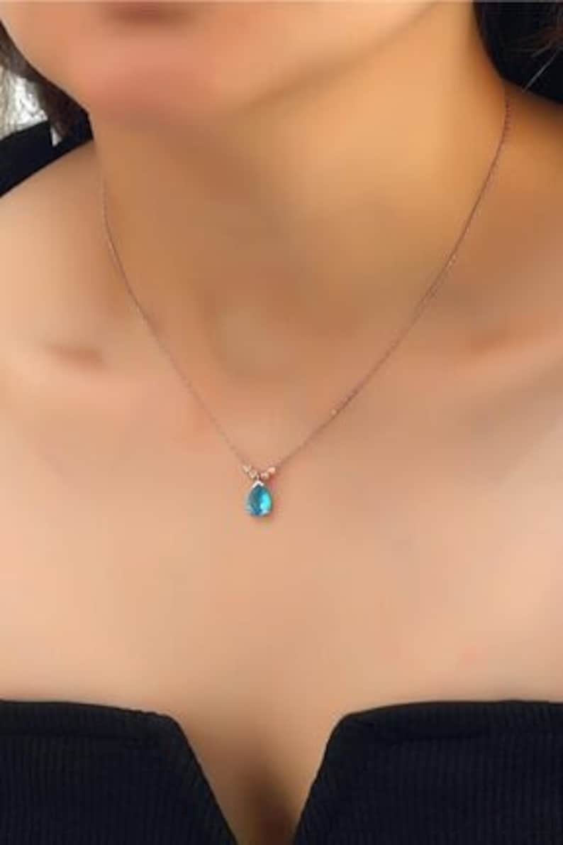 December Birthstone Necklace, Blue Zircon Silver Necklace, Small Blue Zircon Pendant, December Birthday Gift, Birthstone Jewelry for her image 1