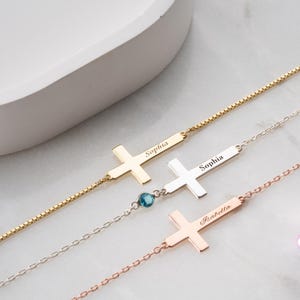 Personalized Cross Bracelet with Name and Birthstone Custom Gold Silver Rose Gold Faith Jewelry Religious Gift for Her Baptism Gift