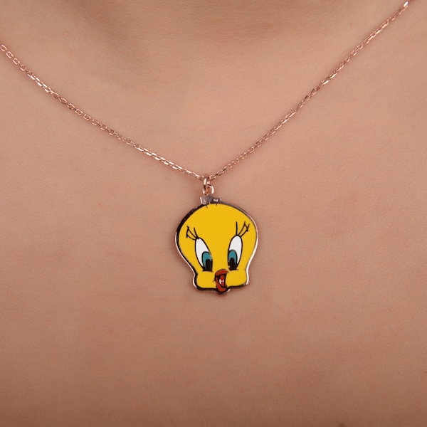 Tweety Disney Necklace, Children Charm Pendant for Girls or Boys, Little Girl Necklace, Minimal Sterling Silver Necklace, Adoption gifts