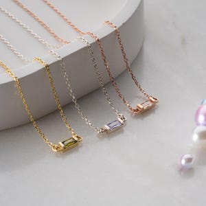 Custom Birthstone Necklace for Her • Personalized Baguette Gem Pendant • Minimalist Layered Jewelry Gift • Birth Month Crystal Charm