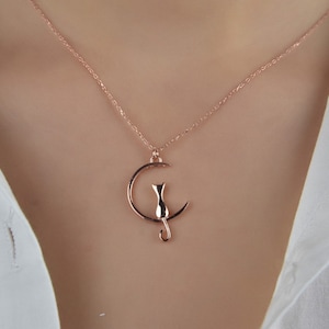 Cat Necklace, Cat Moon Necklace, Cat Pendant Necklace, Tiny Moon Necklace, 925 Sterling Silver for her, Custom Shaped Moon Necklace for Gift