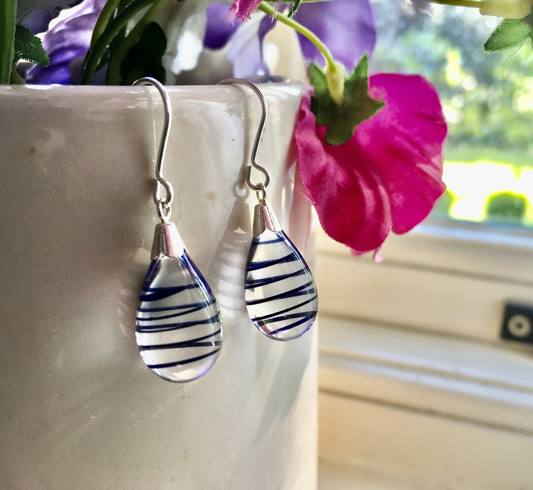Blue and Clear Glass Handmade Blown Drop Earrings Etsy