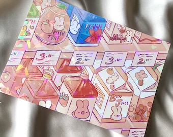 May include: A holographic illustration of a grocery store shelf with various drinks and snacks. The items include peach juice, milk, bunny juice, and a box of bunny-shaped cookies. The price tags are visible, with prices ranging from $2.00 to $3.00.