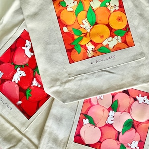 Fruit Bunny Tote Bags | Orange Tote Bag | Strawberry Tote Bag | Peach Tote Bag | Fruity Bunny Bags