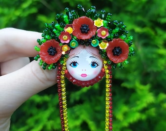 Handmade Ukrainian Beaded Brooch: Embroidered Floral Girl
