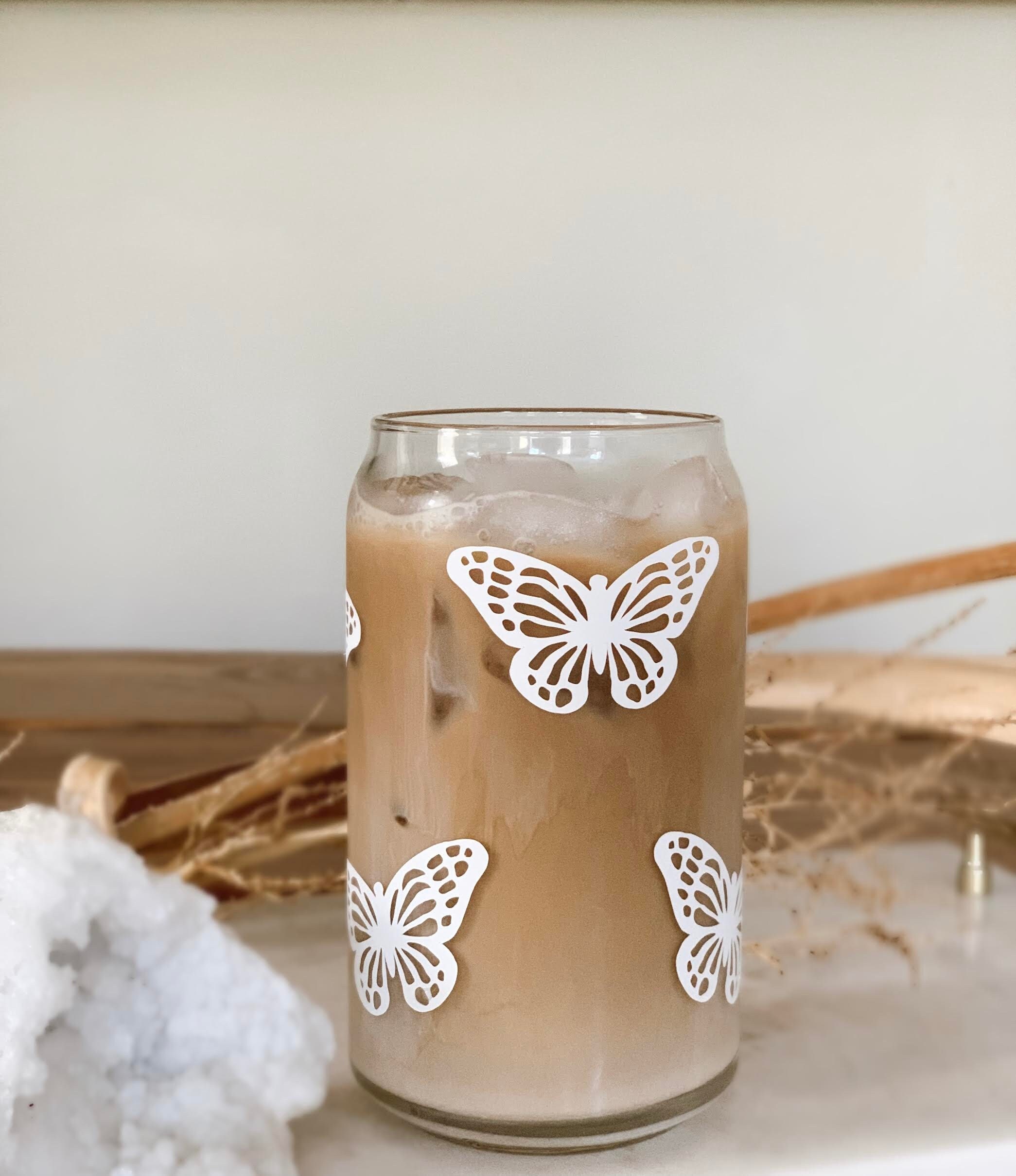 Zhqinger Tasse En Verre Rose Avec Couvercle En Bambou Et Paille Papillon - Tasse à Café Pour La Maison Et Le Bureau - 473,6 G - Pour Jus, Cocktail, Whisky, Lait