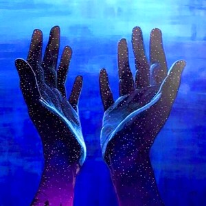 May include: Two hands reaching upwards, with a starry night sky and a forest silhouette visible within them. The hands are painted in a dark blue and purple color scheme.