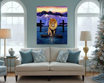 The Resurrection: Lion and Cross Canvas Wall Art, Christian Home Decor, Religious Lion of Judah Print