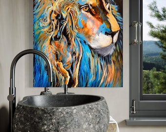 Impresión abstracta de león y caballo en espera: arte de pared moderno y colorido