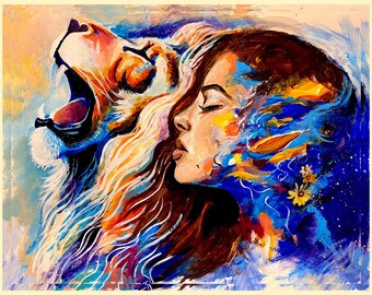 Redemption Art Print: Woman and Lion, Light and Dark Canvas
