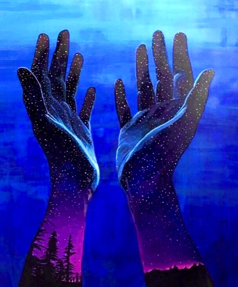 May include: Two hands reaching upwards, with a starry night sky and a forest silhouette visible within them. The hands are painted in a dark blue and purple color scheme.