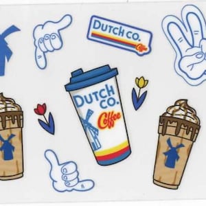 May include: A sticker sheet featuring various Dutch Bros Coffee-themed designs. Includes images of coffee cups, peace signs, windmills, and the Dutch Bros logo. The color palette consists of orange, blue, brown, and white.