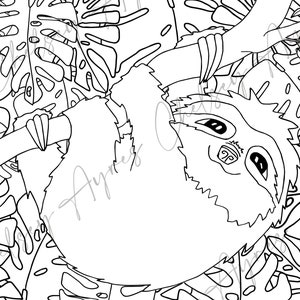 May include: A black and white line drawing of a sloth hanging upside down from a branch, surrounded by tropical leaves. The sloth has large, round eyes and a relaxed expression.