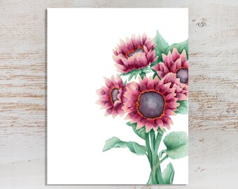 Sunflowers Bouquet | Floral Watercolor Painting | Red Sunflowers | Greeting Card | Blank Inside