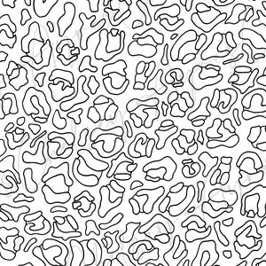 May include: Black and white seamless pattern with a leopard print design. The pattern features abstract shapes that resemble animal spots.