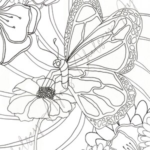 May include: A black and white line drawing of a butterfly with intricate wing patterns, surrounded by flowers. The butterfly is in the center of the image and the flowers are around it.