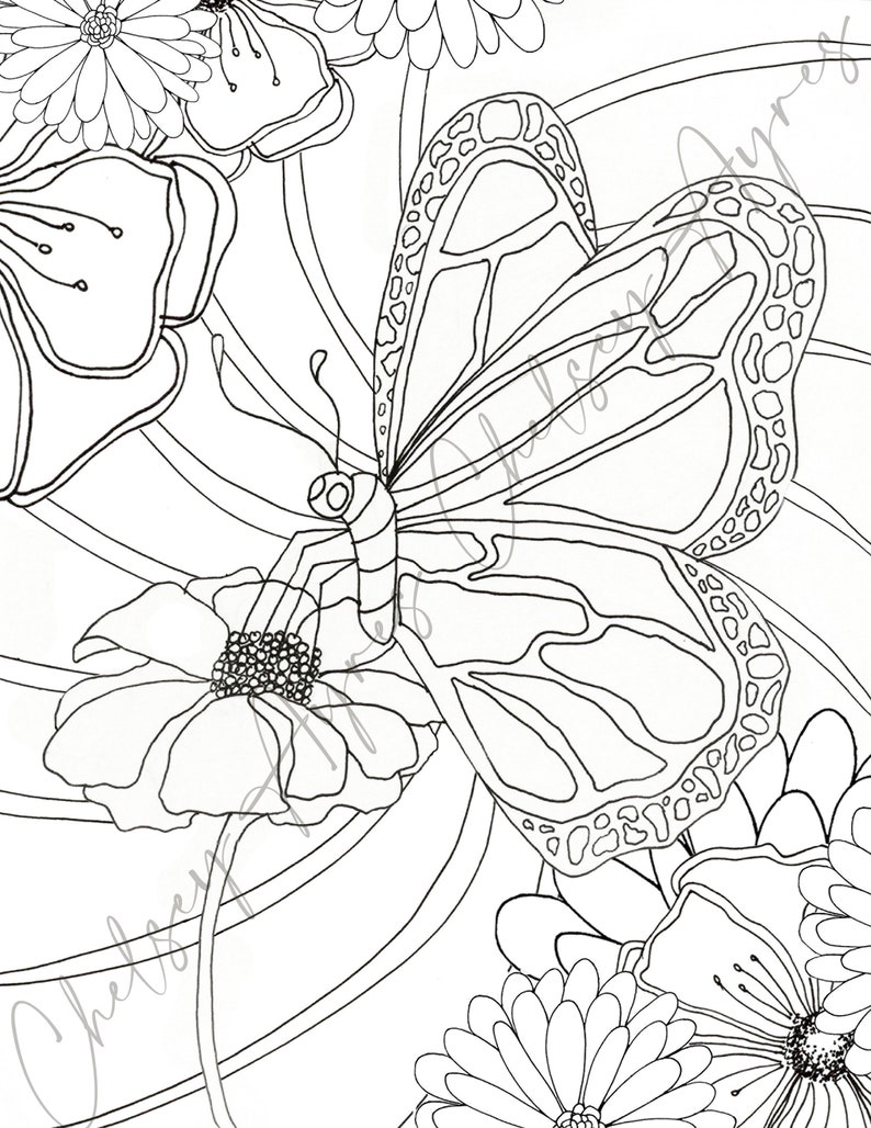 May include: A black and white line drawing of a butterfly with intricate wing patterns, surrounded by flowers. The butterfly is in the center of the image and the flowers are around it.