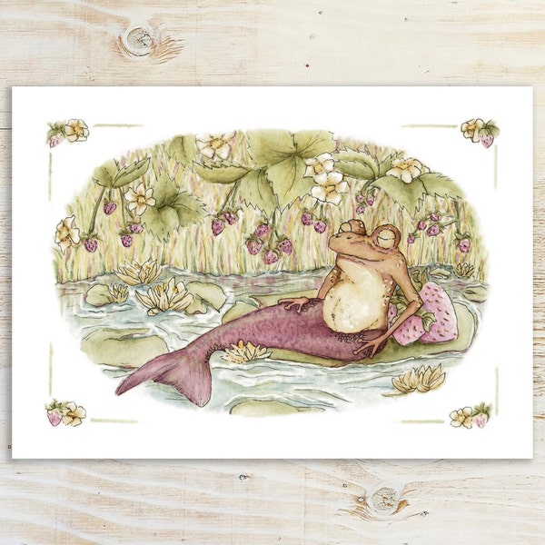 Strawberry Frog | Frog Mermaid | Watercolor Painting | Beatrix Potter Inspired | Frog Art | Mermaid Painting | Kids Illustration