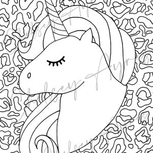 May include: A black and white line drawing of a unicorn's head with closed eyes and a horn. The unicorn is set against a background of a leopard print pattern.