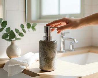 Grey Marble Soap Dispenser 4 Inch / 10 cm, Natural Stone Soap Dispenser, Modern Elegant Bathroom, Lotion Pump Dispenser, Housewarming
