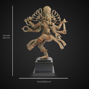 May include: A bronze sculpture of a Hindu deity with multiple arms, dancing on a black base. The sculpture is 10 inches tall and 6 inches wide.