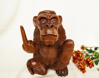 木彫りのペニス付き猿 8.5インチ / 21 cm、手彫りの像、木彫り