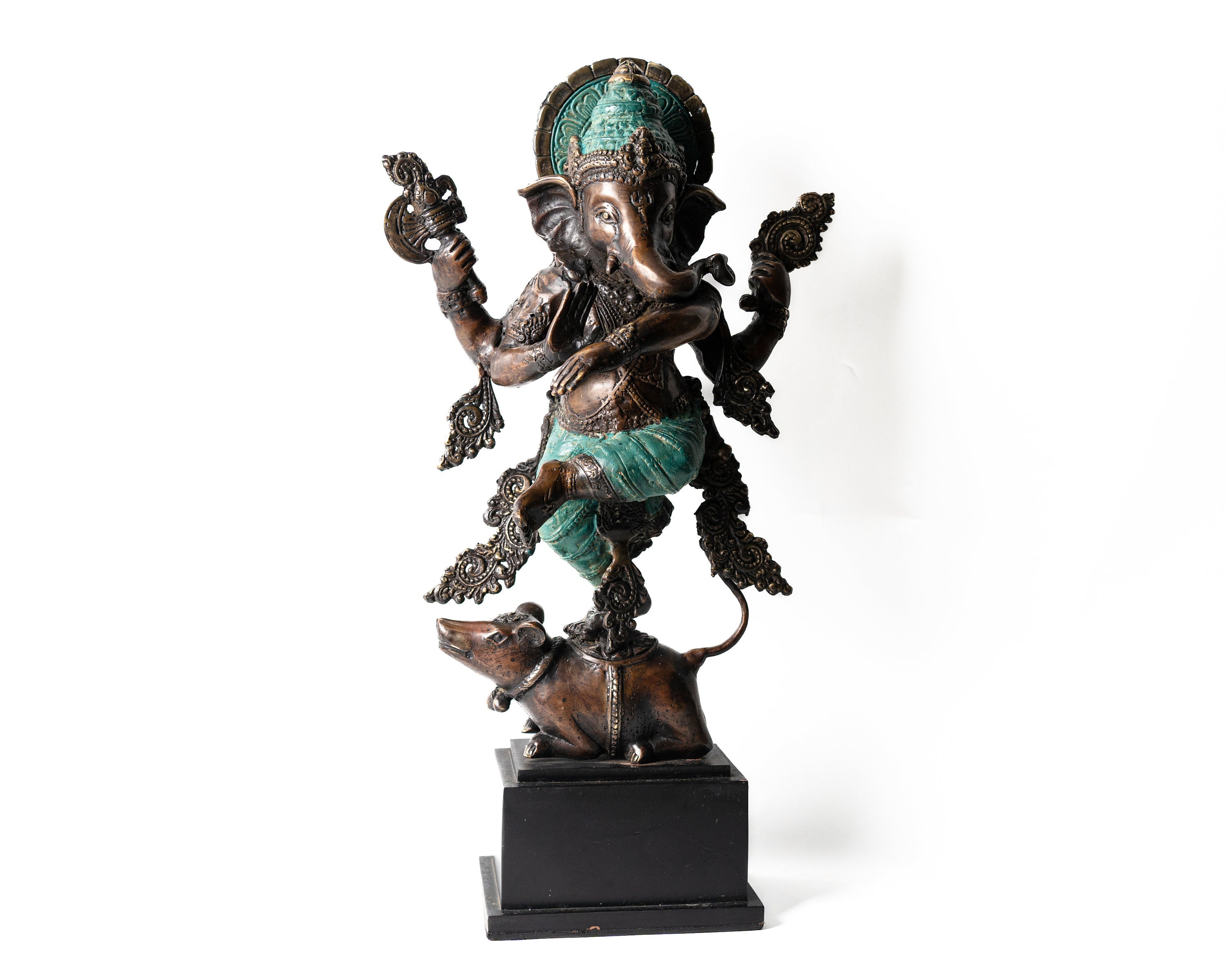 ブロンズ ガネーシャ アンティーク像 17 インチ / 43 cm、踊る彫刻