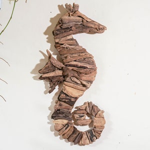 May include: A brown driftwood seahorse wall decor. The seahorse is made of natural driftwood and has a rustic, organic look.