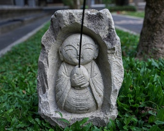 Jizo Buddha Stone Incense Holde 11 inch / 28 cm , jizo Buddha sculpture, home decor,  father day, garden decor, traveler guardian