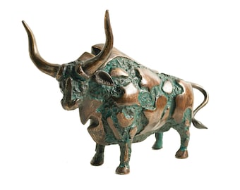 ブロンズ製雄牛の彫刻 幅11インチ / 24 cm 雄牛の置物 部屋の装飾 家の