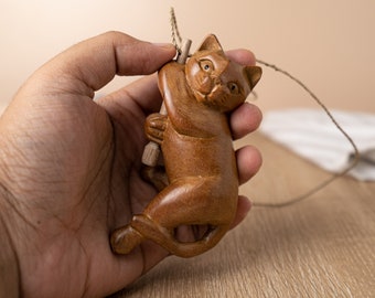Hanging Cat Figurine 4 Inch / 10 cm, Cat Figurine, Cat Christmas, Animal Figurine, Cat Decor, Cat Statue, Animal Wooden Caring, Gift Animal